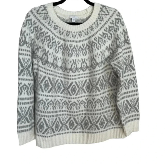 J. Jill Fair Isle Barley Multi Crewneck Ivory/Grey Knit Sweater Sz S Petite GUC - Picture 1 of 8